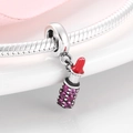 Lipstick charm in S925 sterling silver with red enamel and pink cubic zirconia - Red Lipstick Dangle (PD0118)