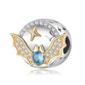 925 Silber Fledermaus Charm mit blauem Herzstein und vergoldeten Sternflügeln - Funkelndes Fledermaus Modell (PC1245)