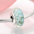 S925 silver light blue murano glass heart charm with gold leaf and bubble texture - Blue Glitter (PH0017-2)