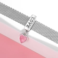925 silver mesh bracelet featuring a pink enamel heart charm and engraved LOVE slider bead - LOVE Heart Pendant Style (PR0089)