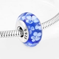 Blue Murano glass heart charm with white flower patterns and S925 silver core for bracelet - Dark Blue Floral (PH0032)