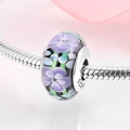 S925 sterling silver heart charm with purple floral glass beads for DIY bracelet - Purple Floral (PH0035)