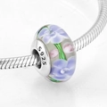 S925 sterling silver heart glass bead charm with purple floral petals and green leaves - Purple Flower Green Leaf (PH0036)