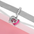 925 silver heart charm with pink enamel and Love inscription for mesh bracelets - Love Double Heart Style (PR0094)
