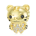 Goldener Tiger-Anhänger mit funkelnden Zirkonia-Steinen und schwarzen Schmuckstein-Augen - 925 Sterlingsilber / Gold Tiger Stil (PC1339)