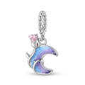 S925 sterling silver moon charm with purple enamel and pink heart crystal bead - 925 Sterling Silver / Starry Sky Moon Heart Style (PD0964)