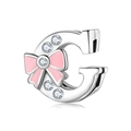 Sterling silver pink enamel bow letter C charm with sparkling cubic zirconia stones - 925 Silver / Letter G (PR0001-7)