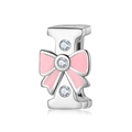 Pink enamel bow bead with letter I and sparkling clear zircons in 925 sterling silver - 925 Silver / Letter I (PR0001-9)