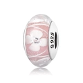 Pink glass bead with white floral motif and S925 silver core for DIY bracelets - Pink Floral (PH0007-1)