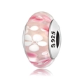 S925 sterling silver bead with pink and white floral glass for DIY bracelets - Pink White Floral (PH0008-1)