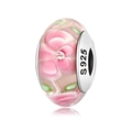 Pink floral Murano glass bead with S925 silver core for DIY charm bracelets - Pink Floral Green Leaf (PH0008-2)
