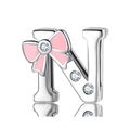 Pink enamel bow and zirconia letter N charm bead in polished 925 sterling silver - 925 Silver / Letter N (PR0001-14)