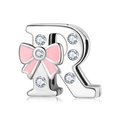 Sterling silver letter R charm with pink enamel bow and crystals for DIY bracelets - 925 Silver / Letter R (PR0001-18)