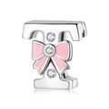 925 silver letter T bead charm with pink bow and cubic zirconia for DIY bracelets - 925 Silver / Letter T (PR0001-20)