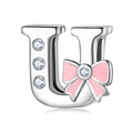 Sterling silver letter U charm bead with pink enamel bow and sparkling cubic zirconia stones - 925 Silver / Letter U (PR0001-21)