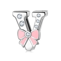 Pink enamel bow and crystal encrusted letter V charm bead for DIY bracelets - 925 Silver / Letter V (PR0001-22)