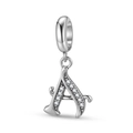 Macro shot of S925 sterling silver letter A charm with white zircon pavé and S925 stamp - Letter A (PD1211A)