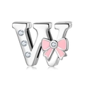 Pink enamel bow and 925 silver letter W charm bead with sparkling zircon inlays - 925 Silver / Letter W (PR0001-23)