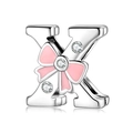 925 silver letter K charm bead with pink enamel bow and sparkling zircon stones - 925 Silver / Letter X (PR0001-24)
