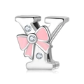 925 silver letter Y bead charm with pink enamel bow and sparkling zircons - 925 Silver / Letter Y (PR0001-25)