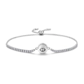Detail of adjustable silver bracelet with pavé stones and engraved round logo charm - Administration Theme (PG0081) / 925 Silver