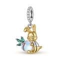 Hasen-Anhänger aus S925 Silber mit 14k Vergoldung und neonfarbenem Mondstein in Herzform - 925 Sterlingsilber / Niedlicher Goldener Hase Herz Umarmung Stil(PD0939)