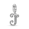 Macro view of vintage S925 sterling silver letter J charm with white zircon stones - Letter J (PD1211J)
