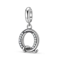 Detailed view of S925 sterling silver letter Q charm with zircon insets on white background - Letter Q (PD1211Q)