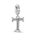 Macro shot of S925 sterling silver stamp on letter T pendant with clear zircons - Letter T (PD1211T)