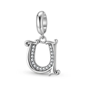Close-up of S925 sterling silver letter U charm with pave set cubic zirconia stones - Letter U (PD1211U)