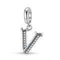 Macro shot of S925 sterling silver letter V charm with cubic zirconia inlay details - Letter V (PD1211V)