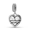 Detailed close-up of S925 sterling silver heart charm with black enamel and zircons - Aquarius(PD1215-11) / Silver