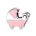 Pink and white enamel baby stroller charm in S925 sterling silver with zircon wheels - Enamel Baby Stroller Style (PR0009)