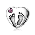 S925 sterling silver heart charm for DIY bracelet with baby footprints and pink zircons - Baby Footprint Style (PR0024)