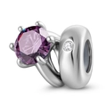 S925 Sterling Silber Charm-Anhänger mit rundem lila Edelstein und kleinen Zirkoniasteinen - Februar Dunkelviolett (Amethystfarbe)