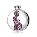 Silver round charm with pregnant silhouette and pinkish purple gems in S925 sterling silver - Pregnant Mom Crown Style (PR0025)