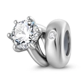 S925 Sterling Silber Ring mit Sechs-Krallen-Stein und passender runder Metallperle - April Weiß