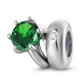 S925 sterling silver birthstone bead featuring a large round green gem and small diamond - May Green