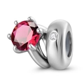 S925 silver bead charm with large red round stone and small clear crystal accent - July Rose Red
