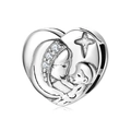 Polished S925 sterling silver heart charm with mother and baby relief for bracelets - Mother Child Kiss Style (PR0040)