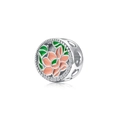 Charme en argent S925 avec fleur de lotus rose et détails en émail vert - Juin Lotus (PC1704-6)