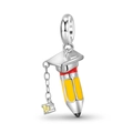 S925 Sterling Silver graduation cap and pencil charm with yellow enamel and gemstone - 925 Sterling Silver / Pencil Graduation Cap Style (PD0999)