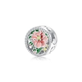 Pendentif en argent S925 avec fleur en émail rose et détails en zircon blanc - Octobre Hibiscus (PC1704-10)