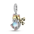 Cat moonstone pendant in S925 sterling silver with 14k gold plating and bow detail - Cat Style (PD0948)