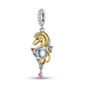 S925 sterling silver seahorse charm with blue iridescent bead and colorful gemstones - 14K Gold Two-tone Plated Seahorse Unicorn Style (PD0932)