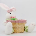 Detail of plush Easter bunny candy basket with pink plaid lining and woven bamboo base - Rabbit Storage Basket Female Style