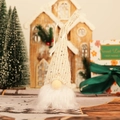 Lighted Christmas gnome pendant with beige sequin hat and warm glowing LED light - White
