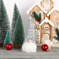 Close-up of a knitted Christmas gnome with a grey wool hat and white faux fiber beard - Gray Rudolph