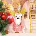 Rosa Weihnachts-Rentier Plüschfigur mit goldenem Geweih und silberner Glitzermütze - Elch-Stil