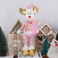 Detailed view of pink and gold Christmas reindeer plush doll with sequin hat and scarf - Elk